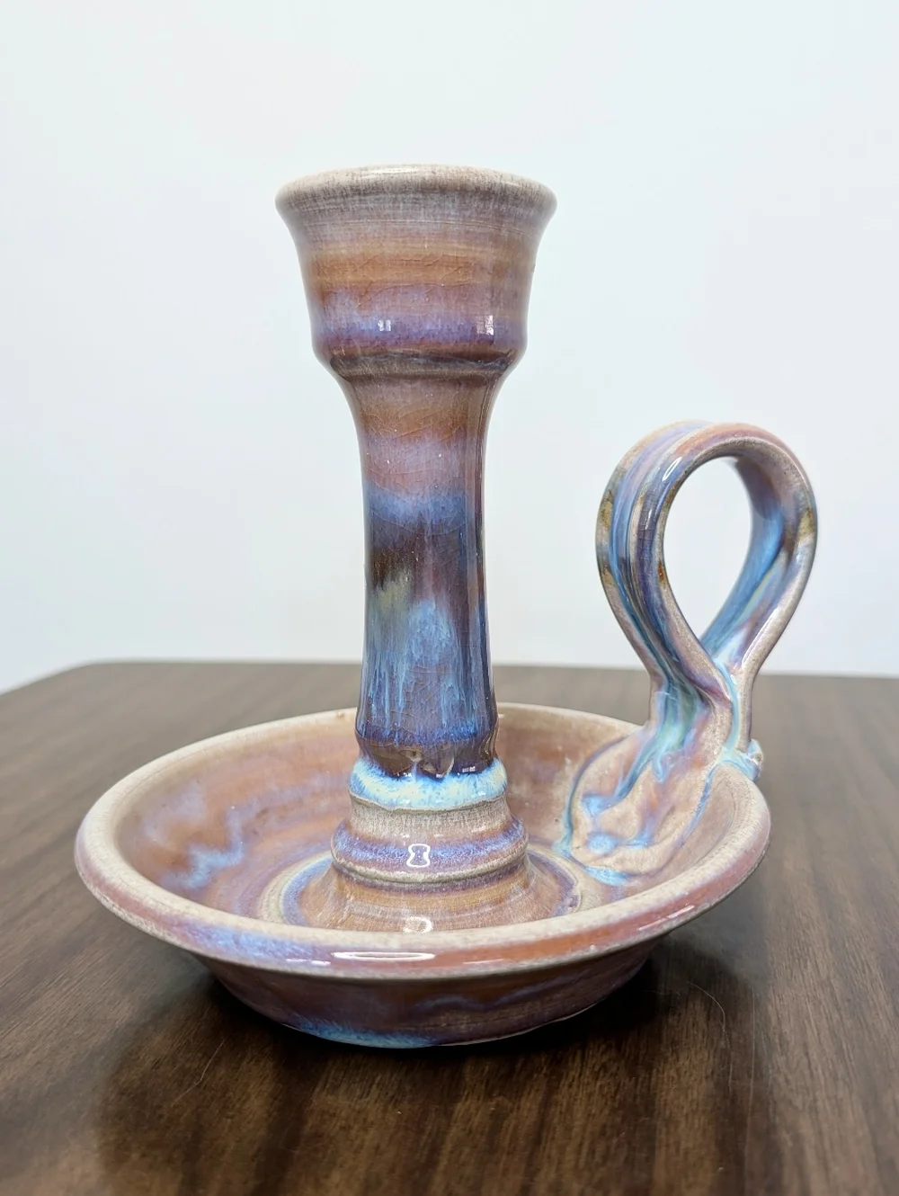 Light Purple, Blue, Tan Handmade Studio Pottery Ceramic Chamber Candle Holder